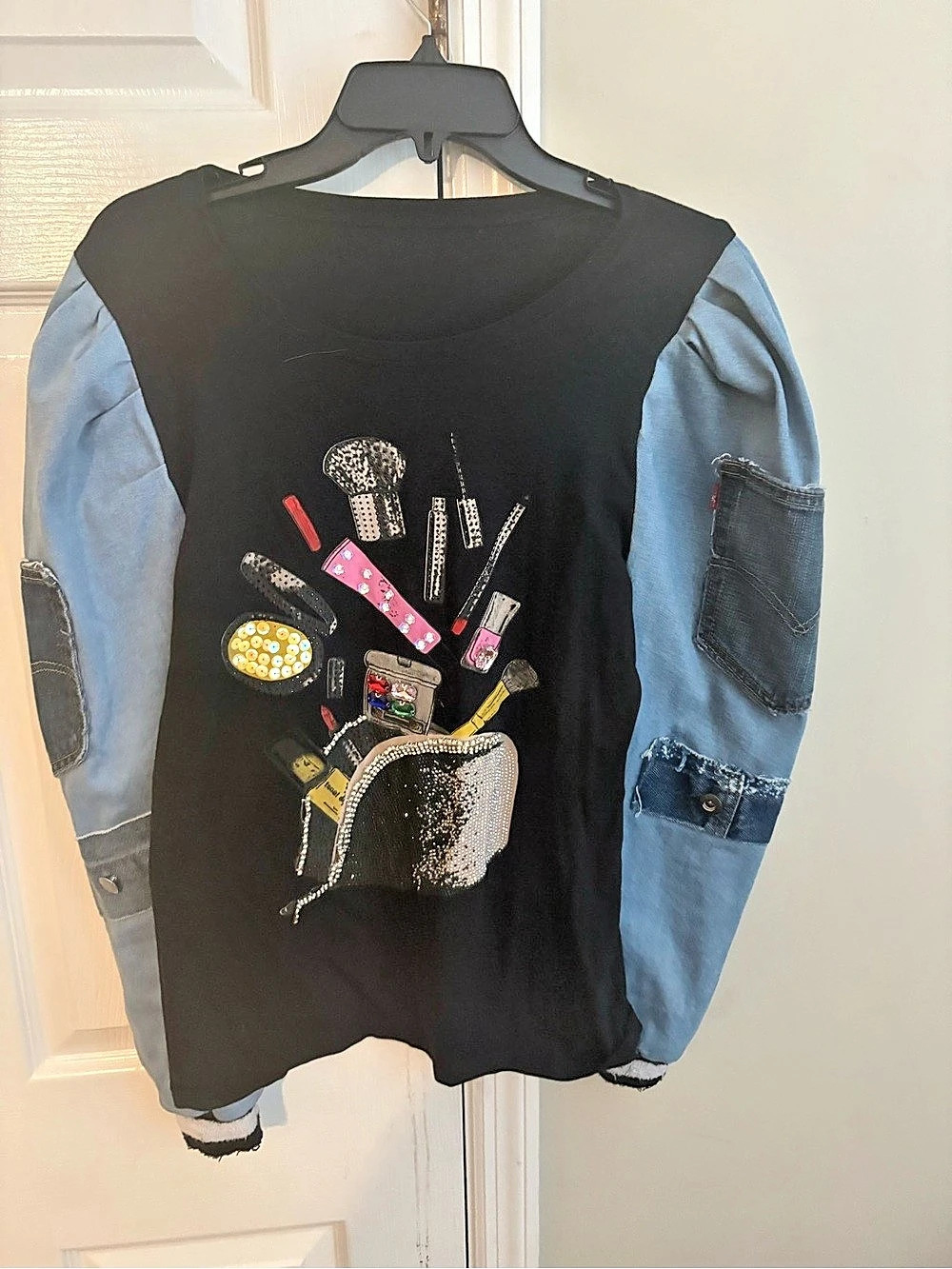 Embellished Denim-Sleeve Top in Black & Blue